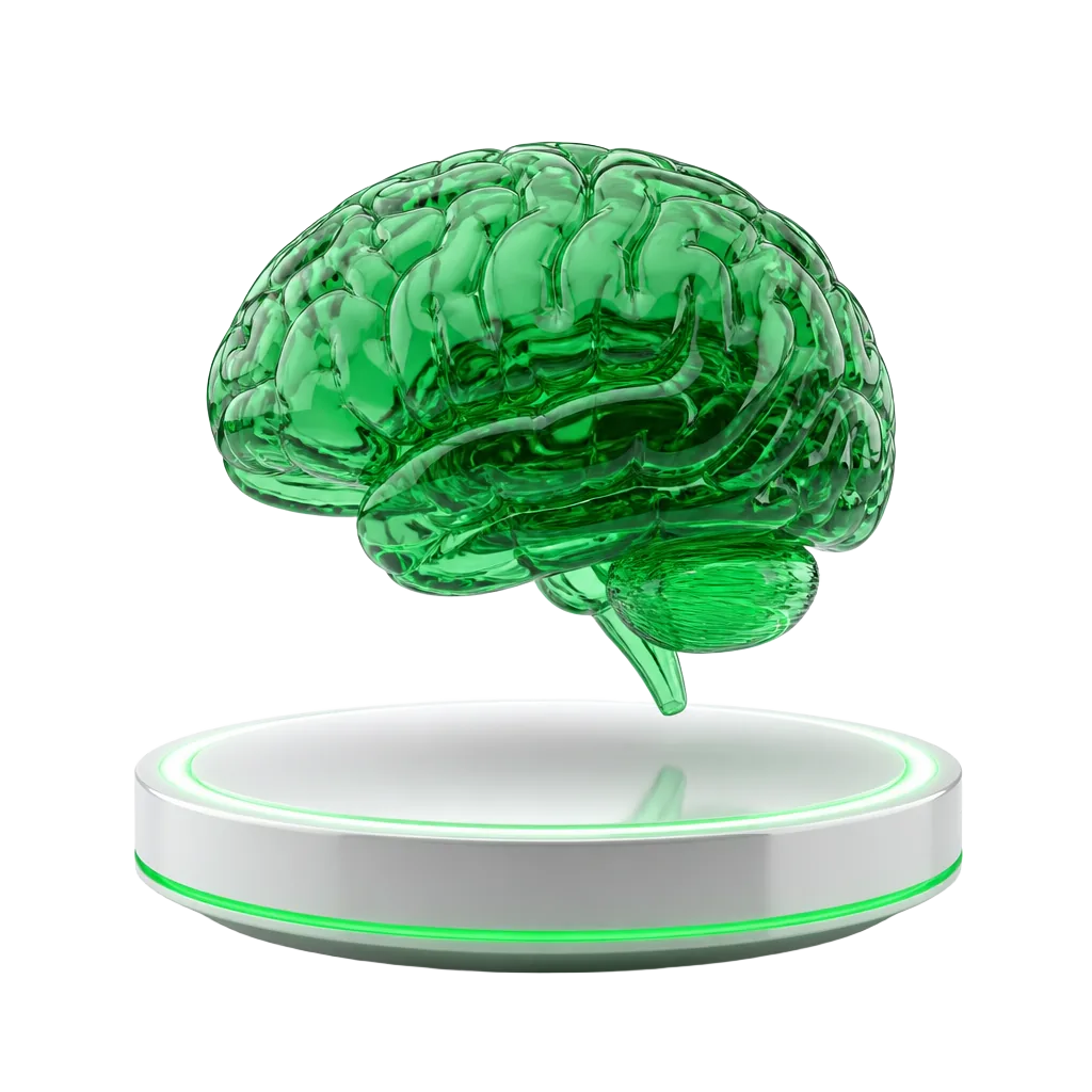 3D glass brain floating above a white podium