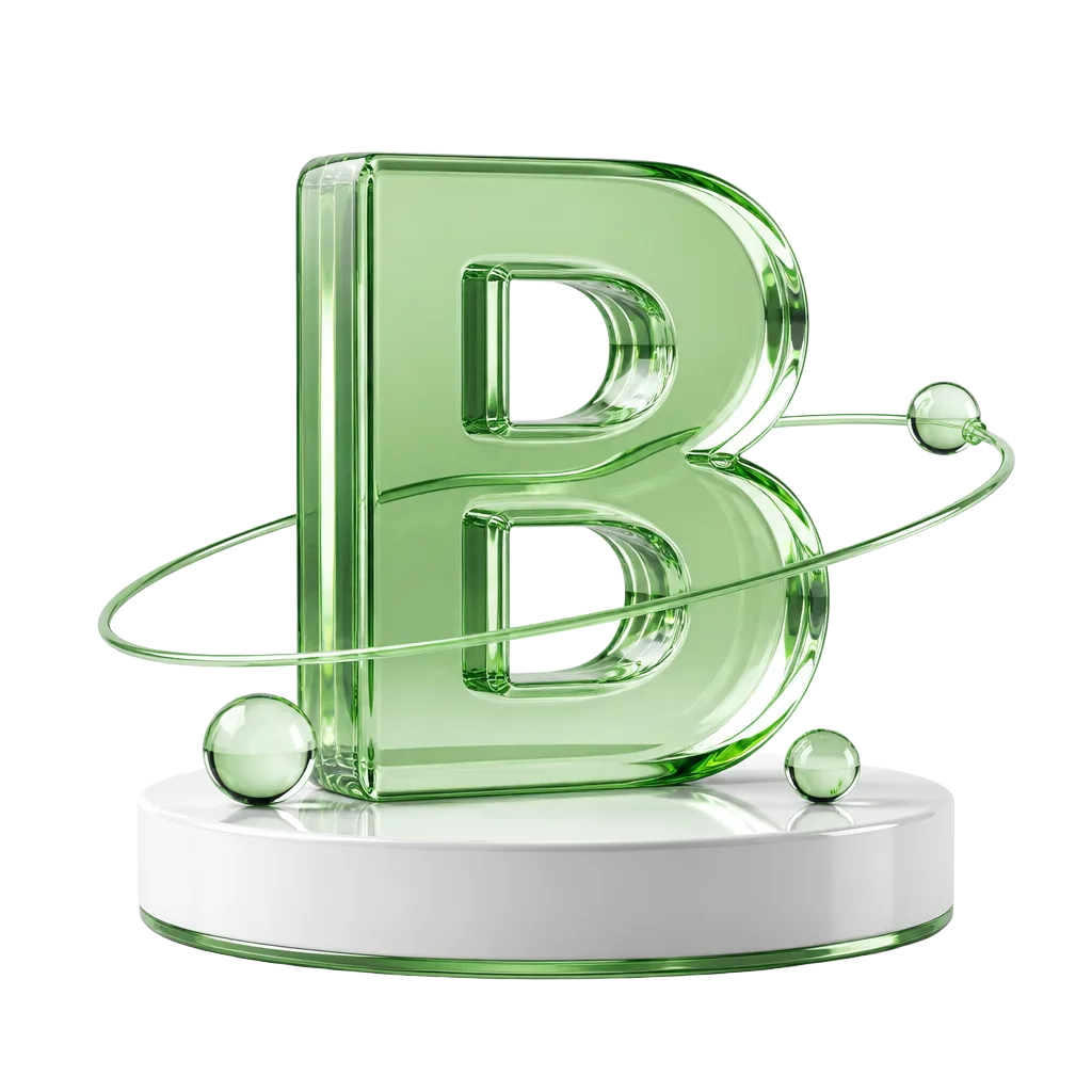 3D glass letter B on a white podium