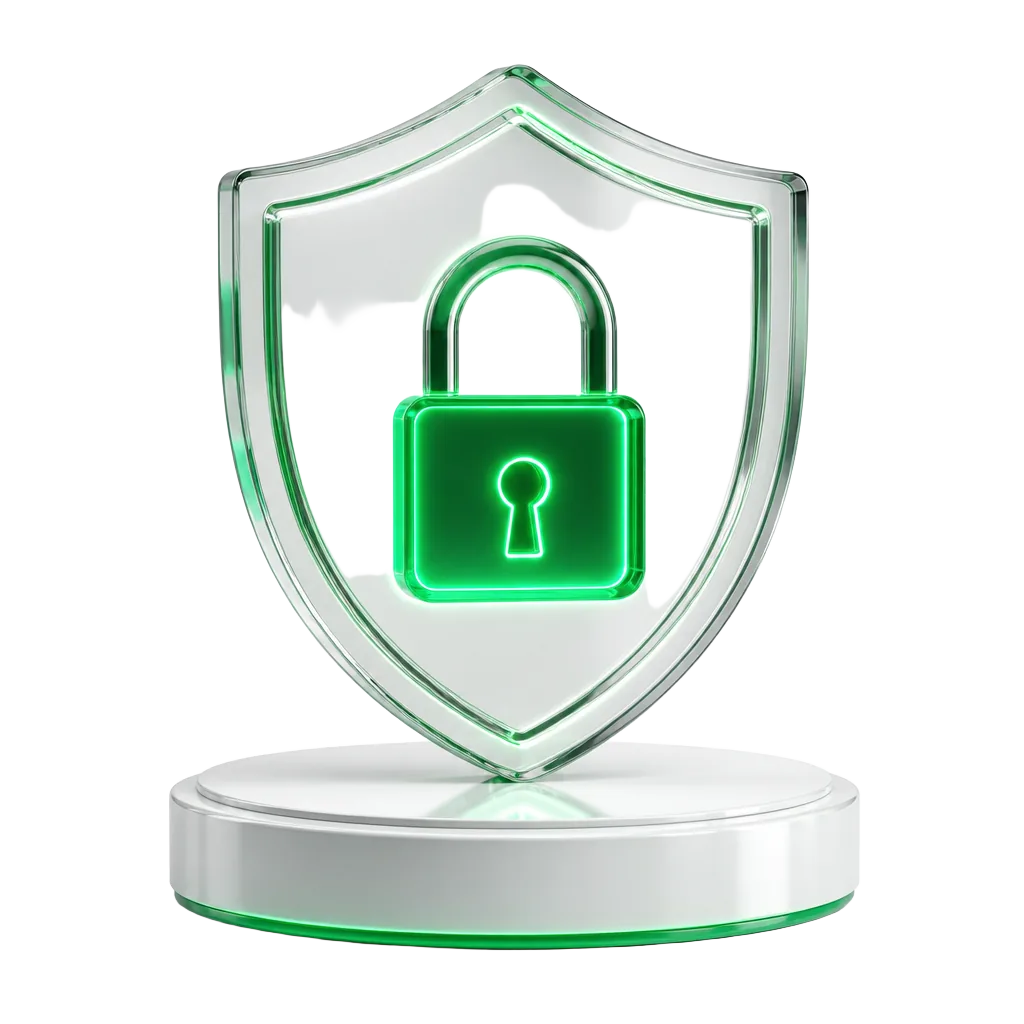 3D glass security shield with a glowing lock
